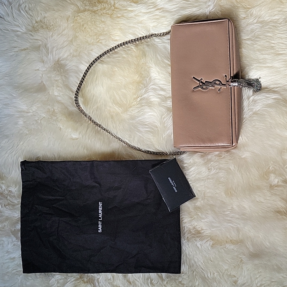YSL Lambskin Monogram Tassel Kate Beige Shoulder Bag